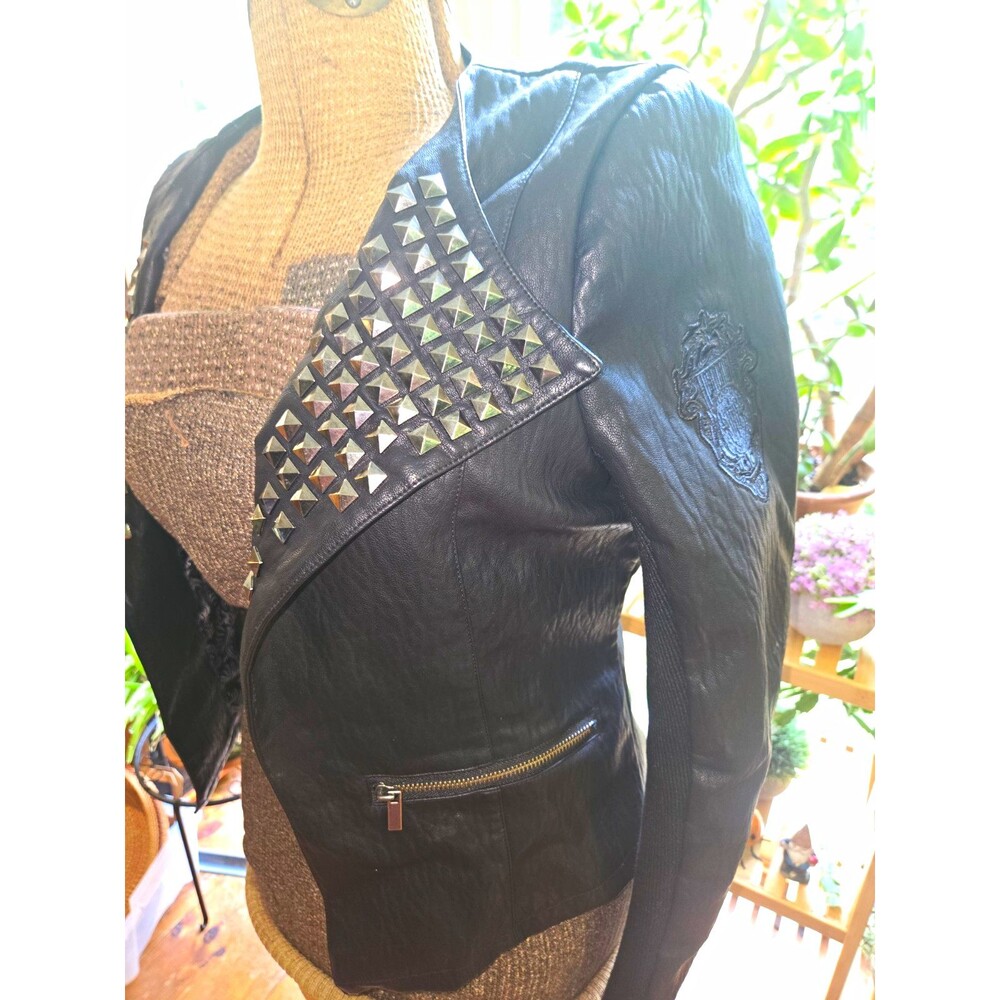HeadRush Woman's Medium Black Faux Leather Studded Moto Jacket Y2k